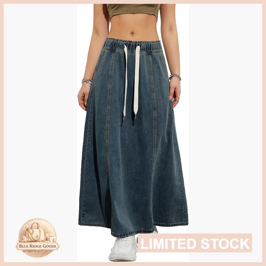 Denim Maxi Skirt High Waist Paperbag A-Line Flare Casual Summer Boho